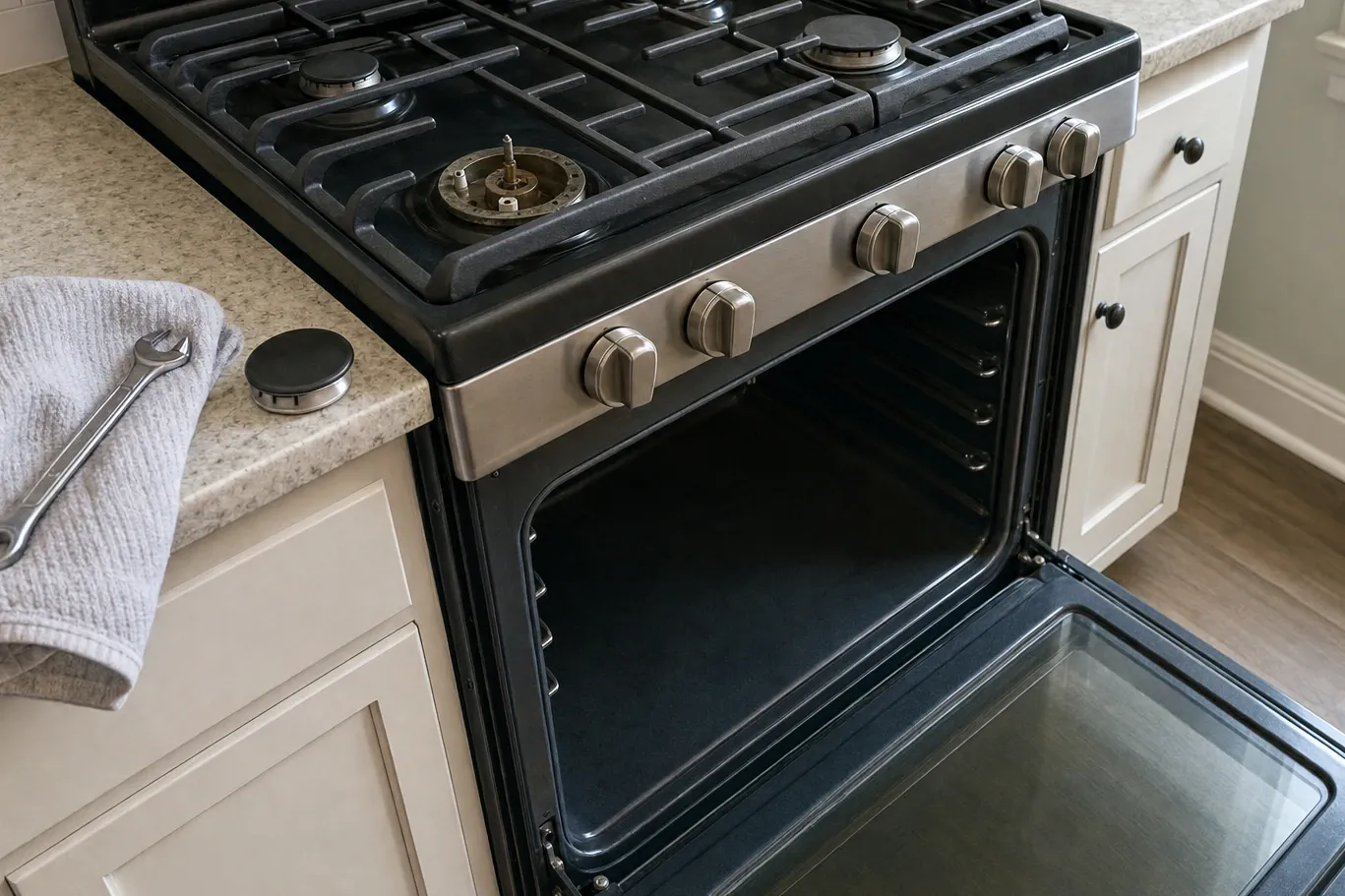 Gas range with the oven door open on an empty cavity, a burner cap and wrench resting on the counter alongside