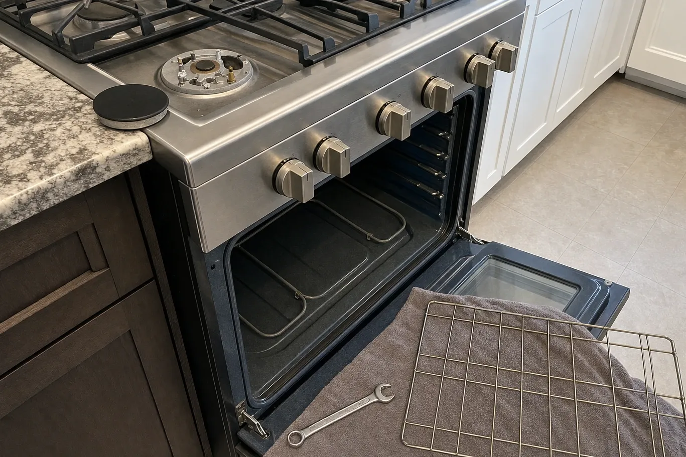 Gas cooktop with the front-left burner stripped to its base and its cap set on the counter, oven door open below