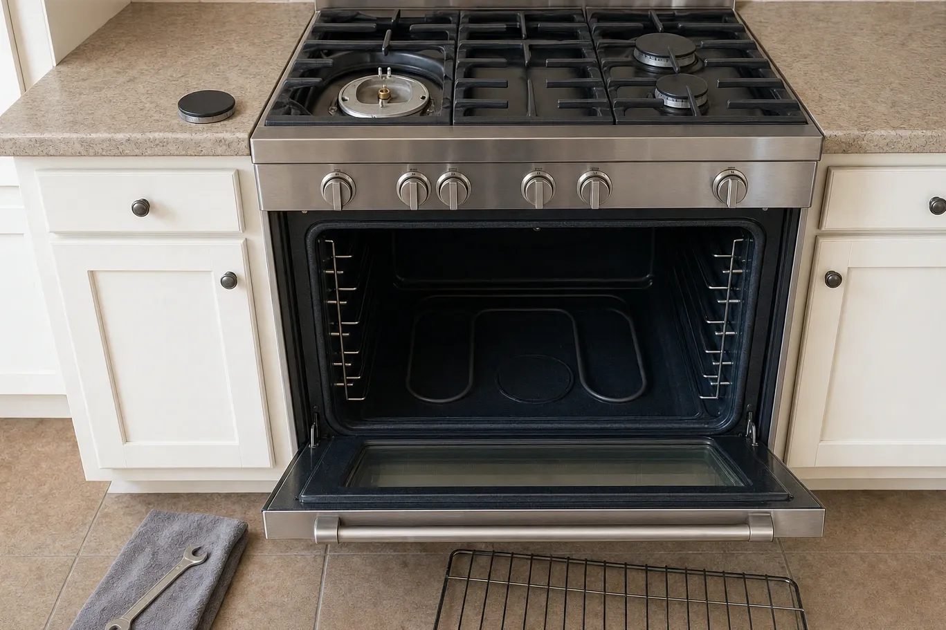 Full-width stainless gas range head-on, oven door open over the gas oven floor pan, one burner ring lifted off