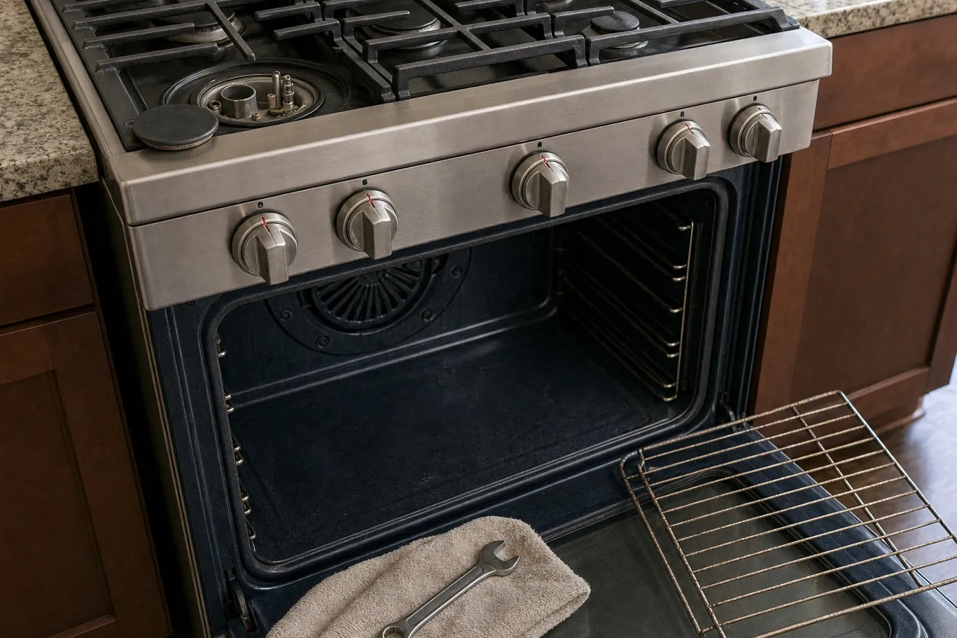 Stainless gas range with five knobs, oven door open on a round convection fan cover, burner cap set aside