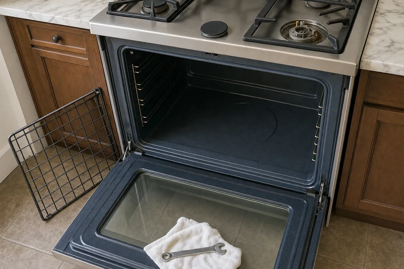 Slide-in gas range under a marble-look counter, oven door open and the oven rack removed and leaning aside