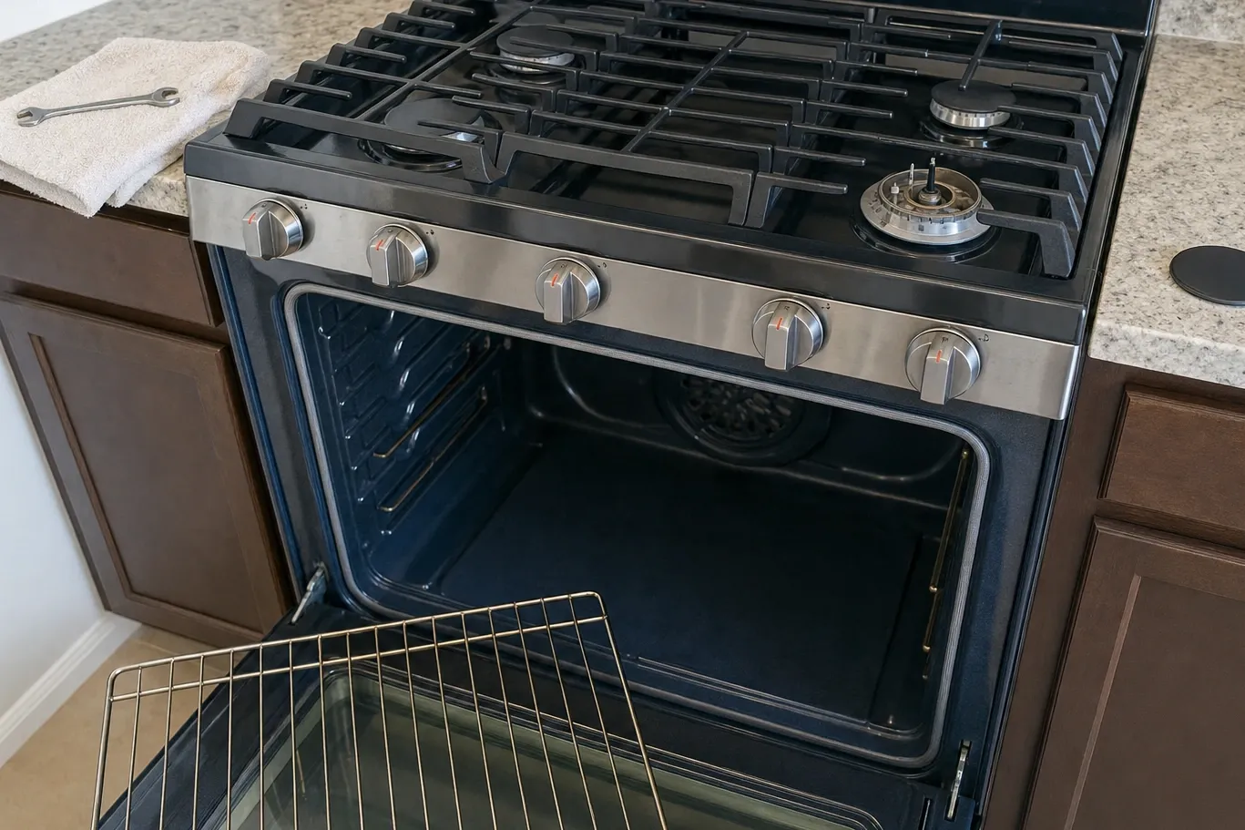 Black gas cooktop with cast-iron grates and one burner base exposed, the oven standing open behind it
