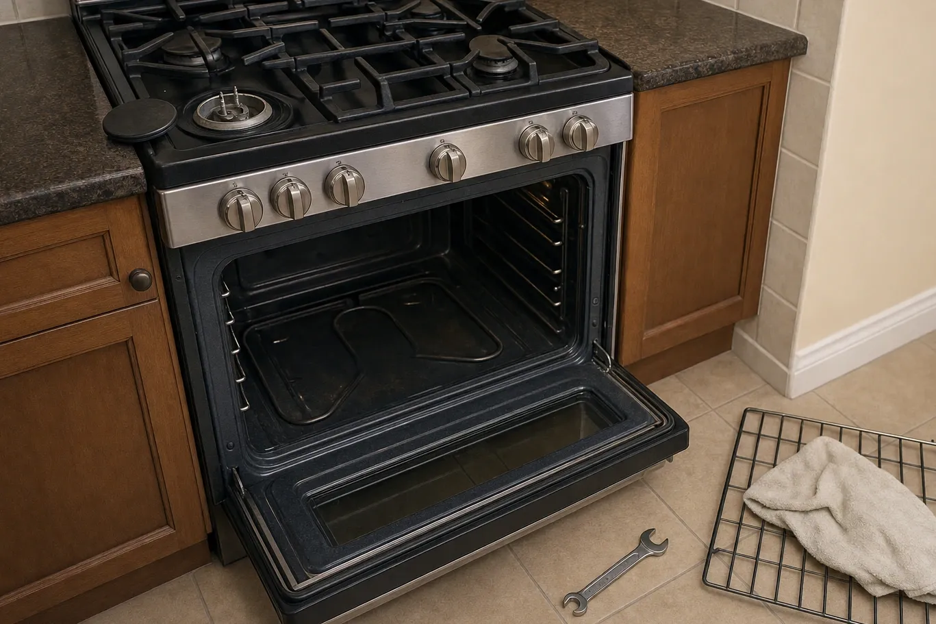 Gas range with the oven door lowered and the oven floor pan in view, one cooktop burner base exposed