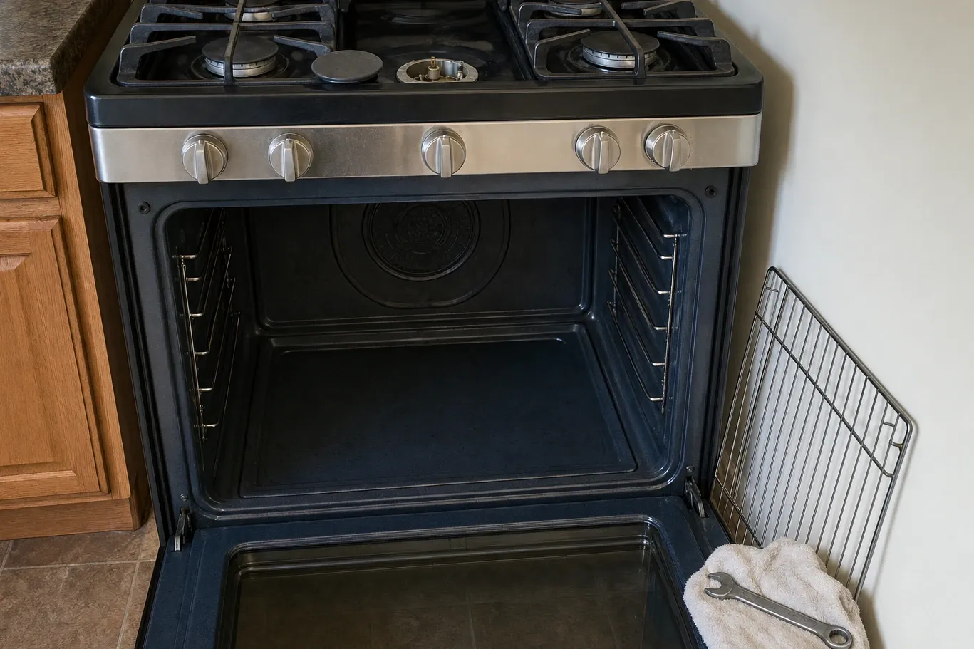 Freestanding gas range in a corner kitchen, oven door open, one burner lifted out with its cap beside the opening
