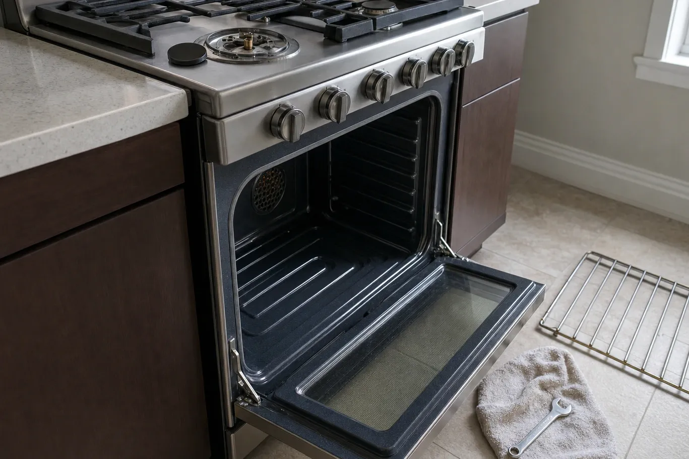 Gas burner stripped to its base on a stainless cooktop, the brass orifice standing bare in the well and the black cap laid flat beside it