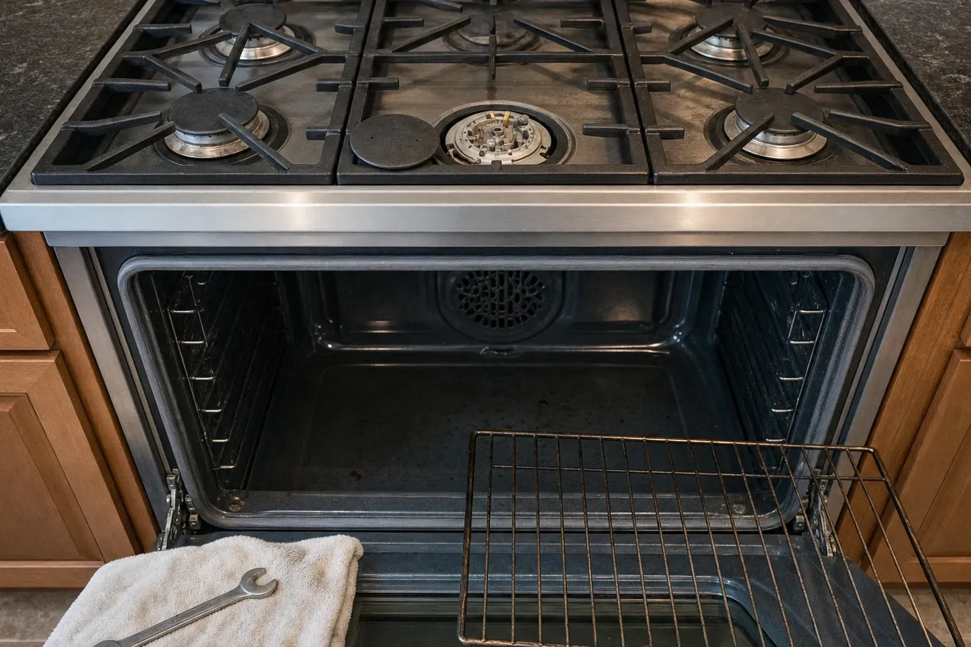 Centre burner of a five-burner gas cooktop with the cap lifted off, the burner head and its ignition electrode uncovered and the cap resting flat alongside