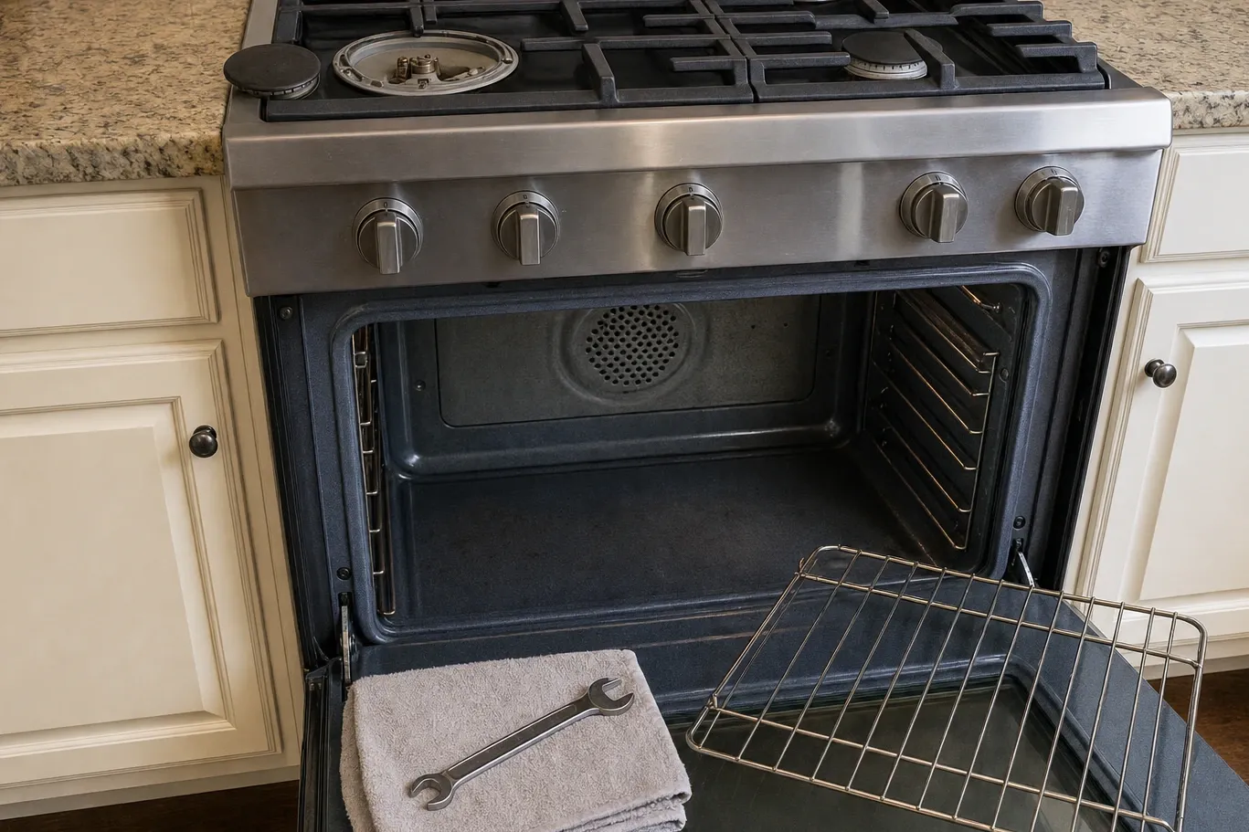 Gas range in cream cabinetry with the left burner head uncovered and its electrodes visible, the cap on the cooktop and a wrench on a folded towel on the open oven door