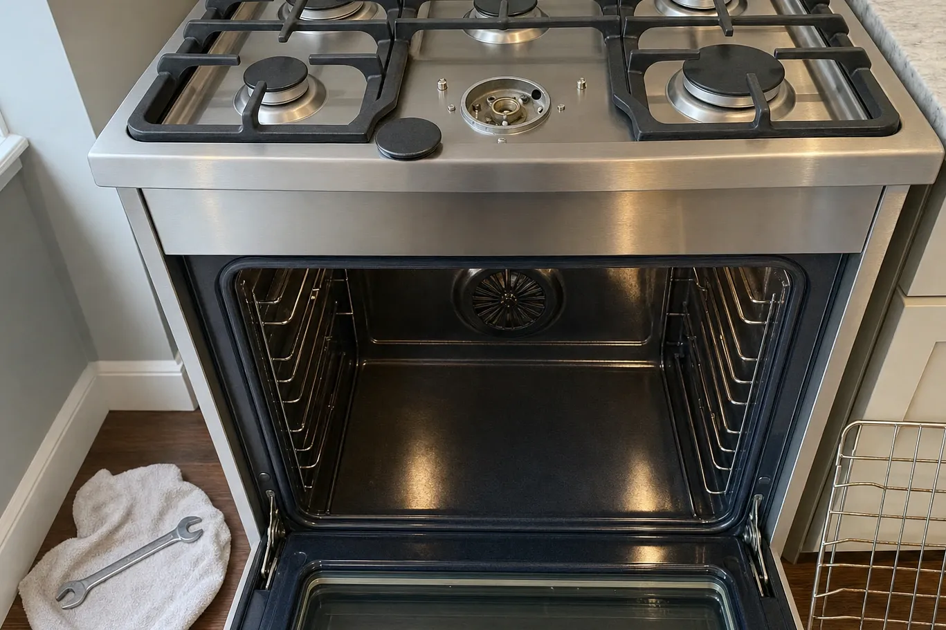 Centre burner lifted out of a stainless cooktop to leave the mounting ring and its two fixing screws exposed, the cap lying flat on the steel
