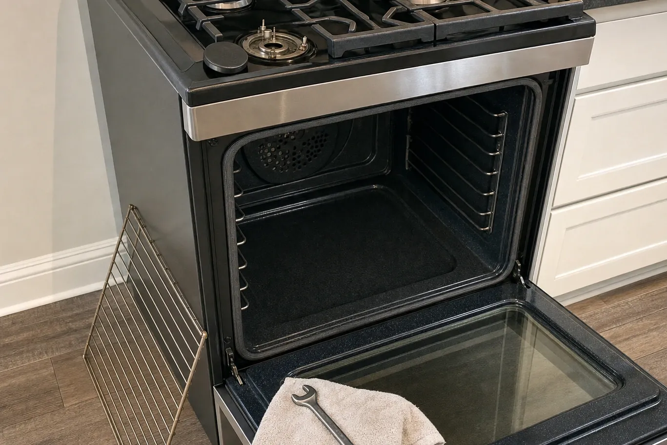 Front-left burner of a dark gas range opened to its base, the electrode and a brass fitting standing clear, the cap flat on the cooktop and the rack propped against the cabinet