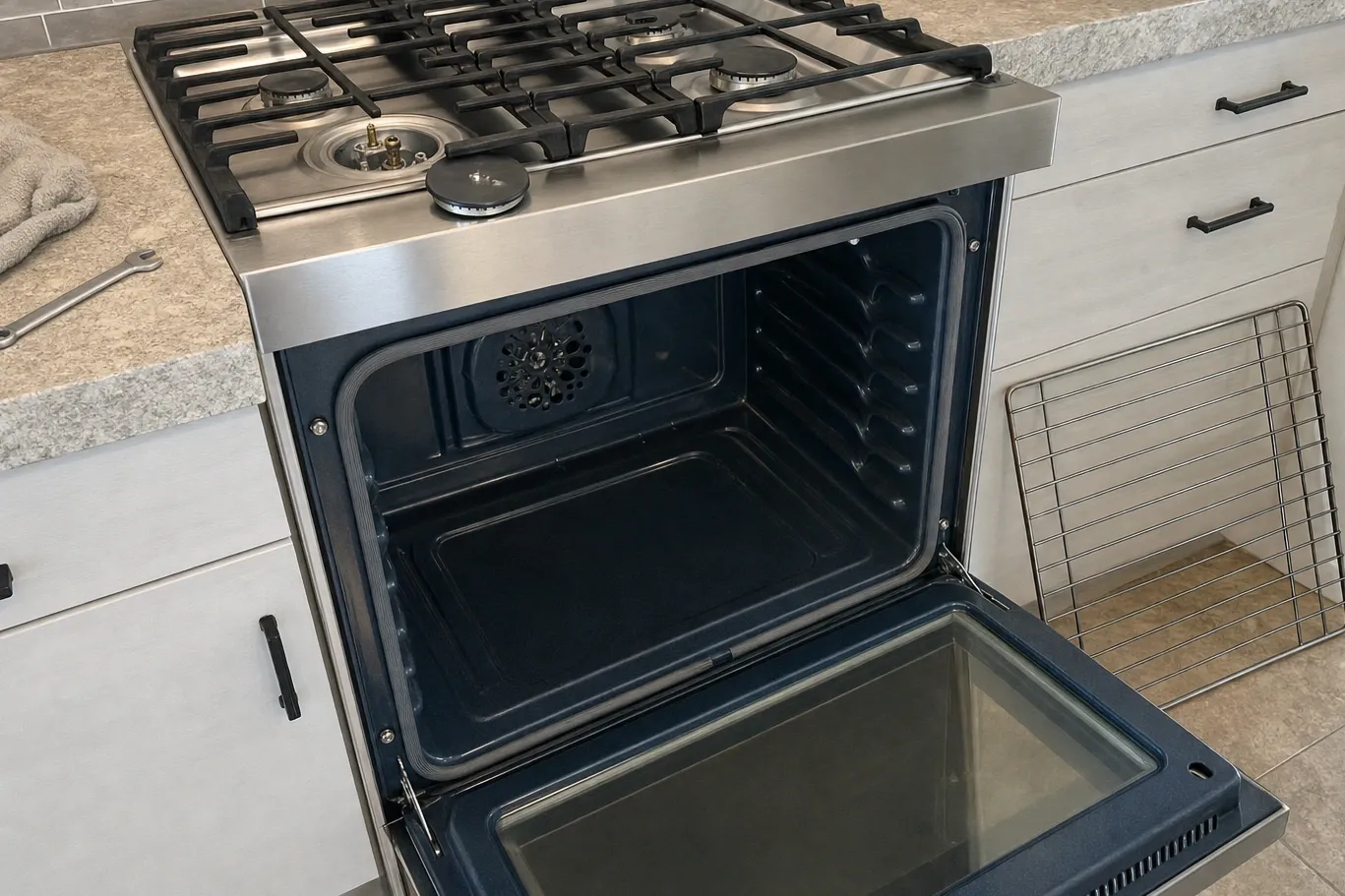Gas cooktop from above with a front burner opened up and the brass orifice standing upright in the middle of the bare base, the cap set down next to it
