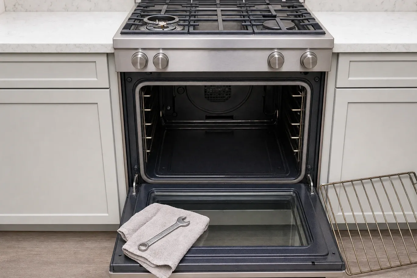 Stainless gas range head-on between white cabinets under a quartz counter, one burner opened at the left and a folded towel with a wrench on the lowered door
